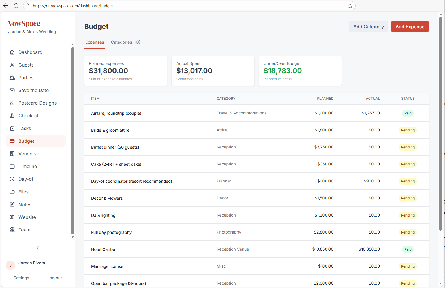 VowSpace budget tracker showing categories and spending breakdown