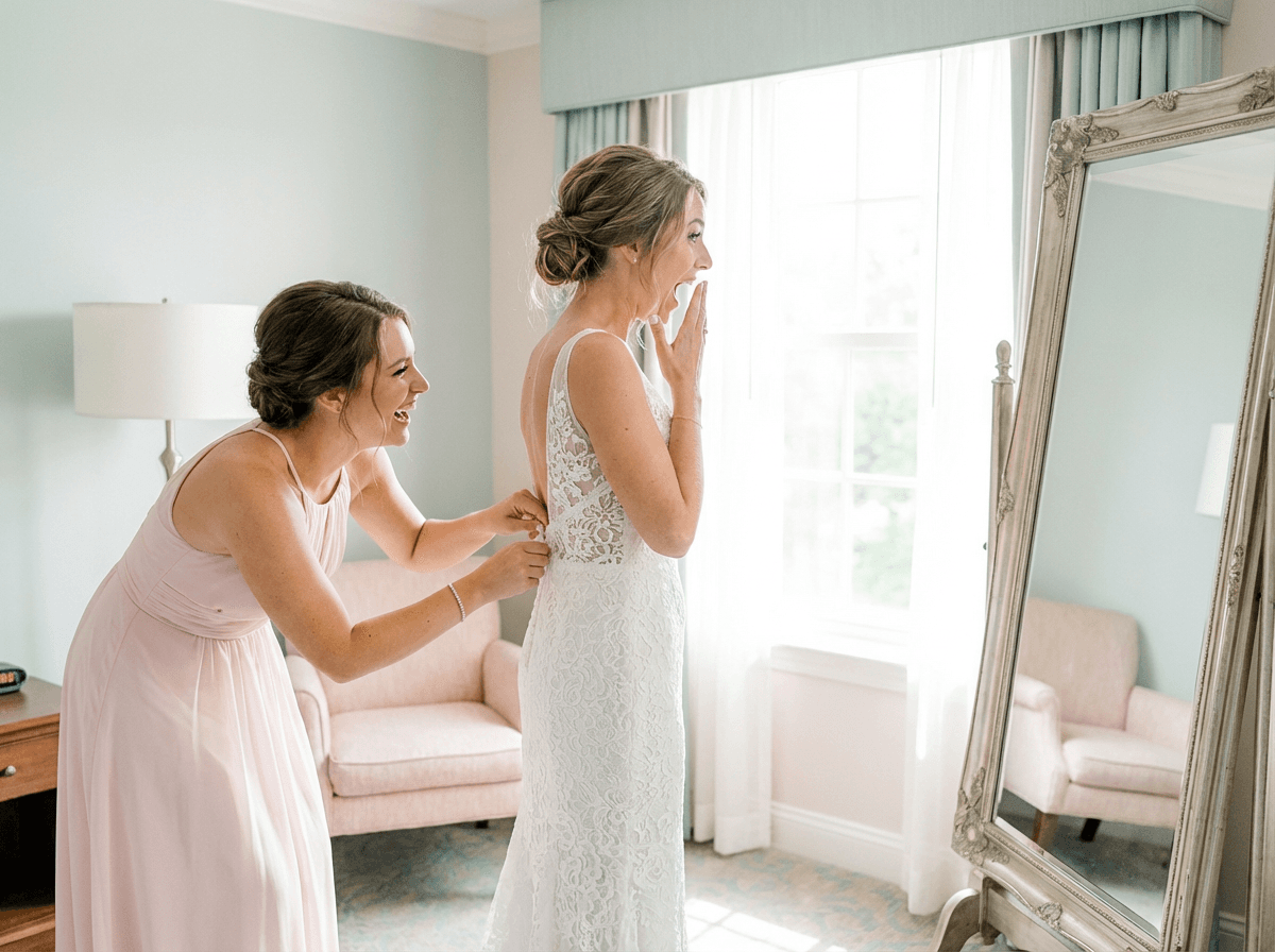 Bride and bridesmaid fixing a stuck zipper on the wedding day, example of a wedding day wardrobe emergency