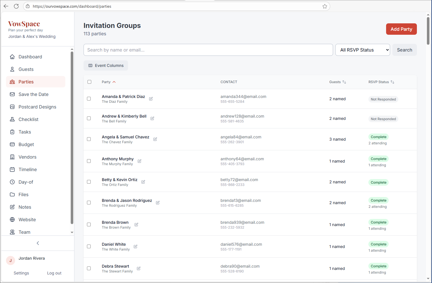 VowSpace guest list and RSVP tracker showing households and attendance